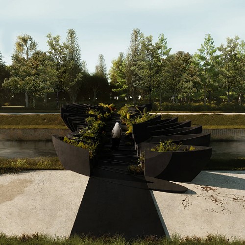 The design features planting and echoes a series of boats