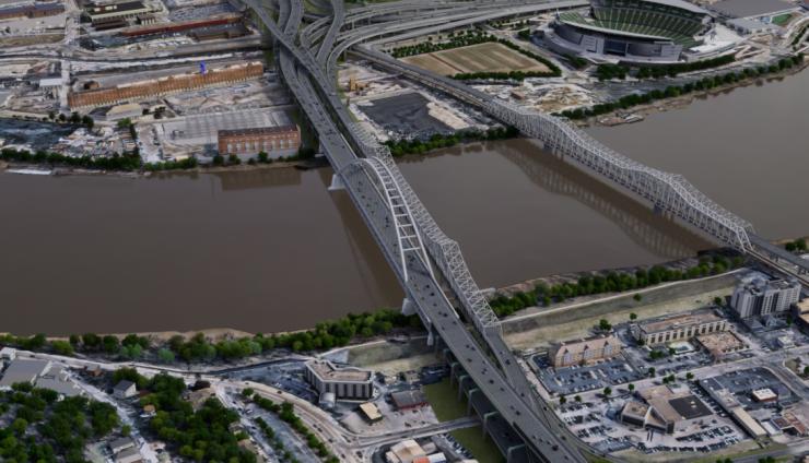 Aerial view showing the planned companion bridge immediately alongside the existing Brent Spence Bridge