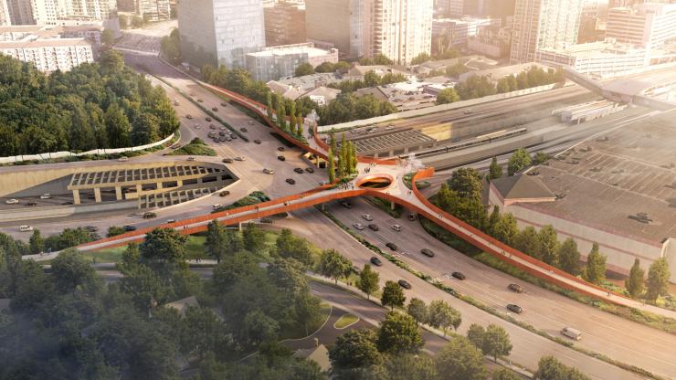 Early concept renderings envision a curving bridge that provides a safe route across the busy interchange, also commonly known as the Buckhead Loop