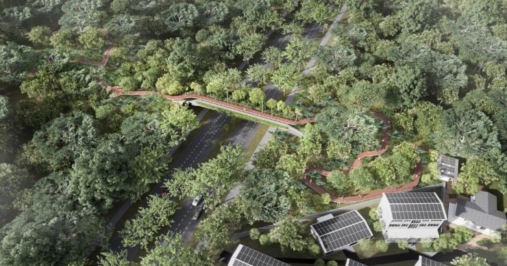 Aerial view - artist's impression of the new dual-use eco-pedestrian bridge
