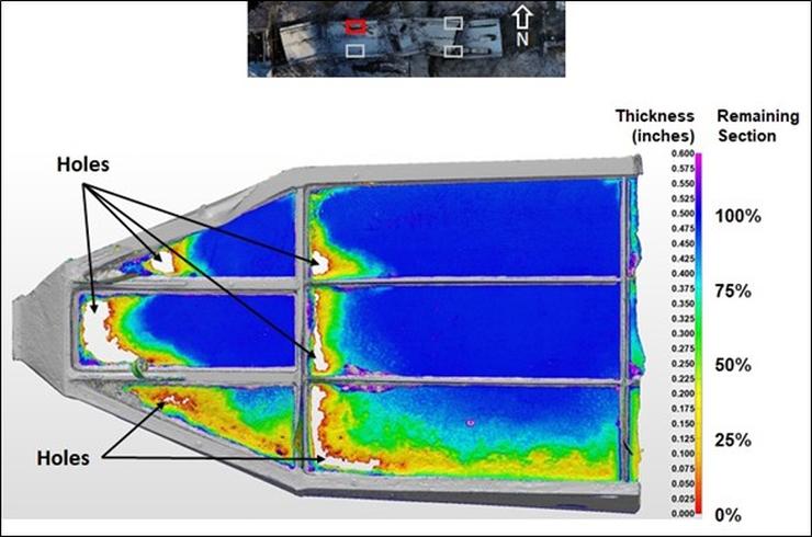 Three-dimensional laser scan image showing remaining section on bottom of northwest leg (pictured rotated on its side) of the Fern Hollow Bridge post collapse