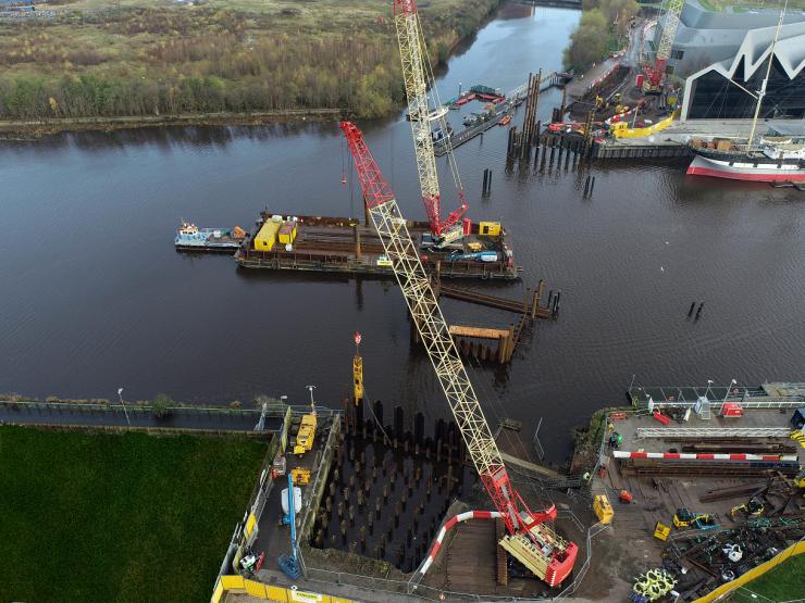 Aerial view of completed piling works for the Govan-Partick Bridge