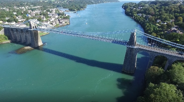 aerial view of the Menai Suspension Bridge