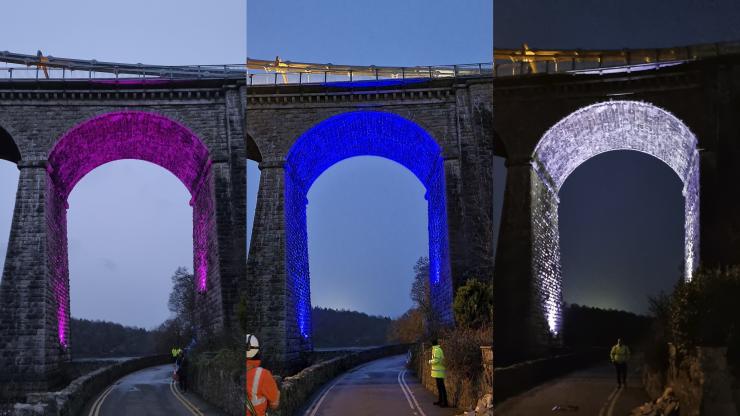 Spencer Group is upgrading Menai Suspension Bridge’s street lighting. Pictured is testing of the new LED system taking place.