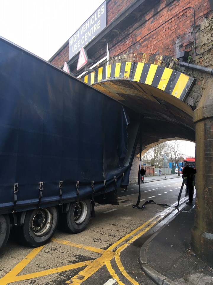 Harlaxton Road Bridge with a lorry stuck underneath it