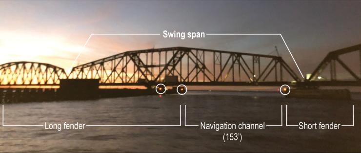 Rigolets swing bridge, annotated by NTSB