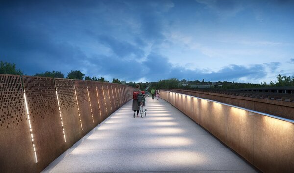 Visualisation of the new Saltley Viaduct with a wider footway and LED lighting on the handrail.
